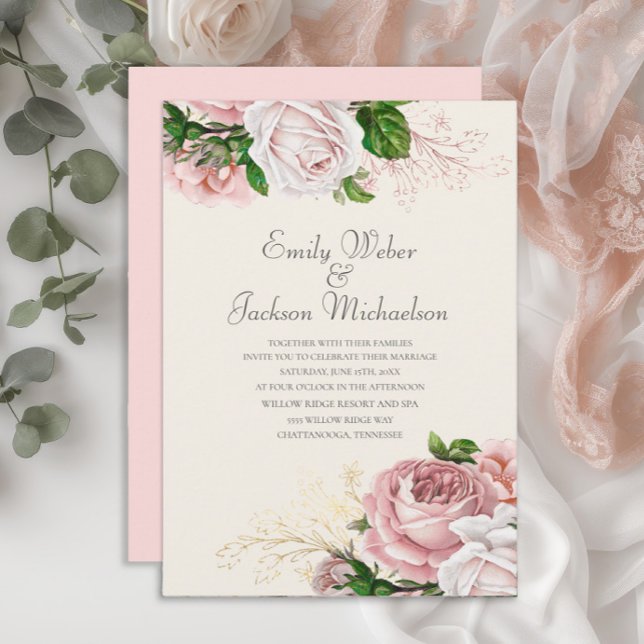 Convites Rosas Botânicos Elegantes Casamento de Creme Flora (Blush pink vintage floral wedding invitatio with elegant script)