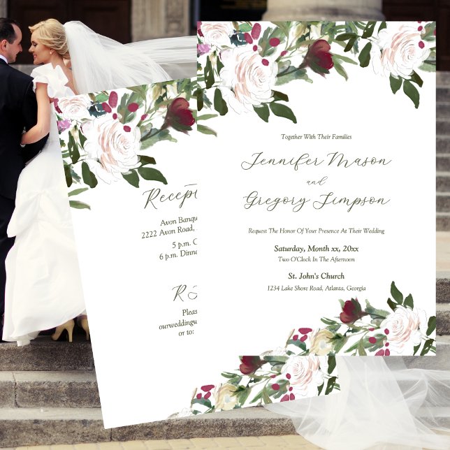 Convites Rosas Brancas Aquarela com Cranberry (Watercolor White Roses with Cranberry Invitation)