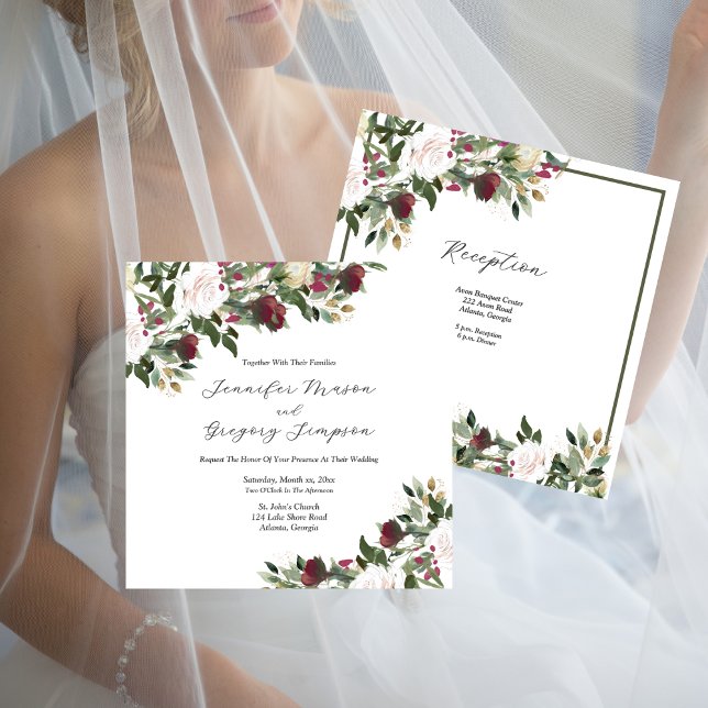 Convites Rosas Brancas Aquarela Com Flores de Cranberry (Watercolor White Roses With Cranberry Flowers Invitation)