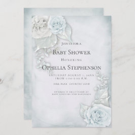 Convites Rosas brancas azuis-claras chás de fraldas