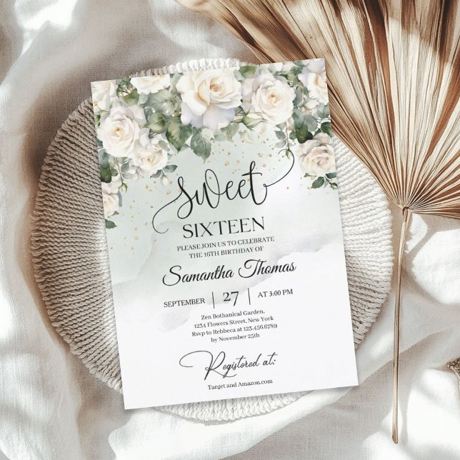 Convites Rosas brancas boêmicas e ouro de eucalipto (Bohemian white roses and eucalyptus greenery gold invitation)