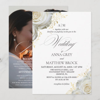 Convites Rosas Brancas⎮ Casamento Elegante Tudo em Um