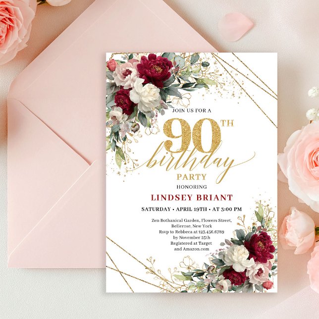 Convites Rosas Brancas Clássicas de Borgonha Douradas para  (Classic Burgundy White Gold Roses 90th Birthday Card

)