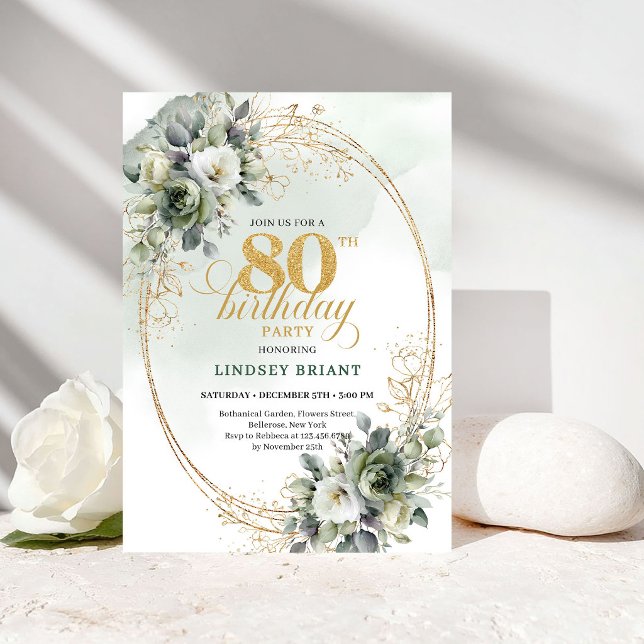 Convites Rosas Brancas Clássicas Eucalipto 80º Aniversário  (Classic White Roses Eucalyptus 80th Birthday Invite)