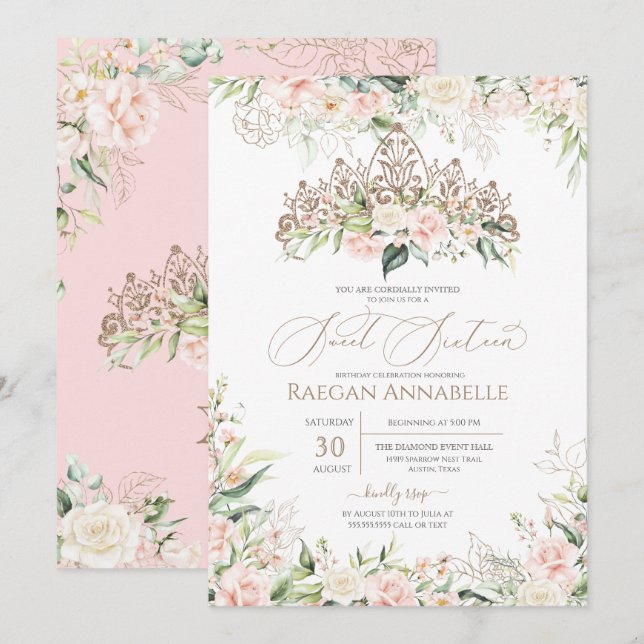 Convites Rosas brancas cor-de-rosa macia elegantes Doce 16  (Frente/Verso)