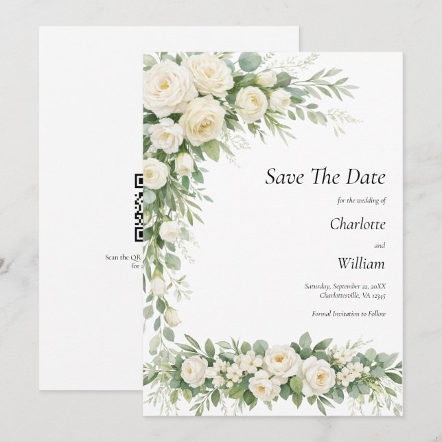 Convites Rosas Brancas Creme Casamento Salve A Data Código  (Frente/Verso)