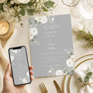 Convites Rosas brancas de marfim cinza casamento