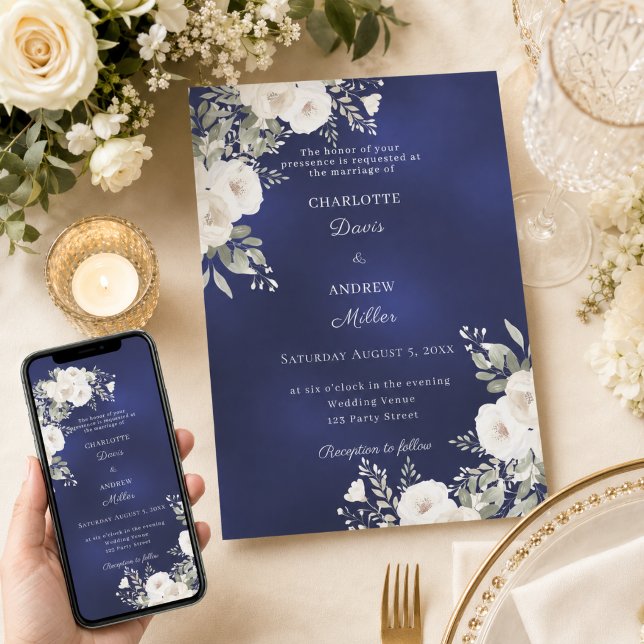 Convites Rosas brancas de marfim florais casamento azul (Criador carregado)