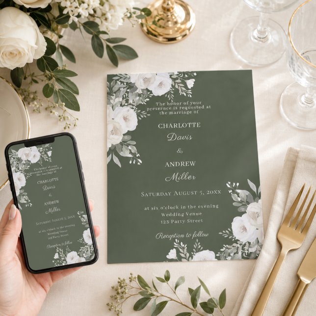 Convites Rosas brancas de marfim musgo verde casamento (Criador carregado)