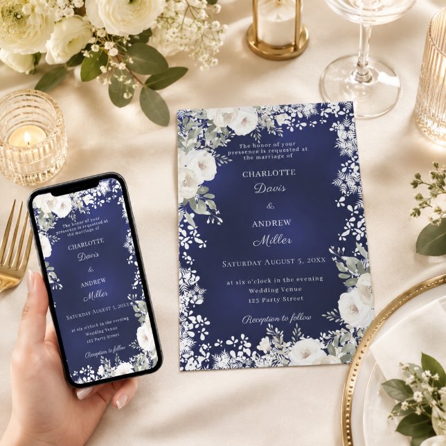 Convites Rosas brancas de marfim neve azul casamento de inv (Criador carregado)