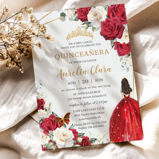 Convites Rosas Brancas de Vestido Vermelho Menina Floral Do (red and white roses floral flowers quinceanera invitation cards brunette girl red dress)
