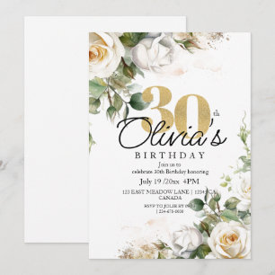 Convites Rosas brancas e aniversário de 30 anos Floral Dour