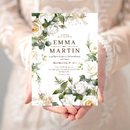Convites Rosas brancas e Casamento Dourado de Flor Elegante