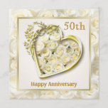 Convites Rosas brancas e coração 50º Aniversário de Casamen<br><div class="desc">Rosas brancas num coração de ouro decorado com espirais floridas.</div>