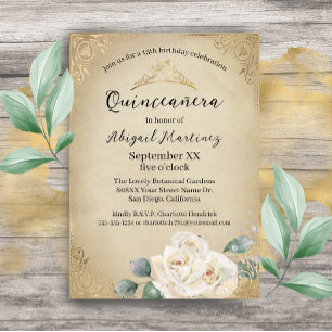 Convites Rosas Brancas e Dourado Quinceanera Vintage
