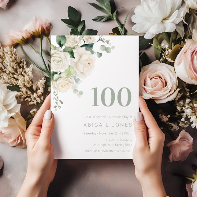 Convites Rosas brancas e Festa de aniversário 100ª (Criador carregado)