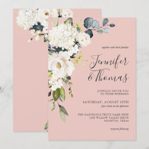Convites Rosas brancas e Hydrangea no Casamento Floral Rosa