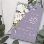 Convites Rosas brancas e Hydrangeas Elegante aniversário de<br><div class="desc">Com um esquema de cores popular de florais brancos neutros em um fundo roxo lavanda, este convite de festas feminino apresenta um buquê de canto de florais brancos de aquarela com verde-verde-eucalipto à direita. As flores incluem rosas, híbridos e flores misturadas que combinam um efeito adorável. Os emparelhamentos de texto...</div>