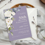 Convites Rosas brancas e Hydrangeas Elegantes 50º aniversár<br><div class="desc">Com um popular esquema de cor neutra de flores brancas e fundo roxo lavanda, este convite de aniversário feminino 50º apresenta um buquê de canto de flores brancas de aquarela com verde-verde-eucalipto à direita. As flores incluem rosas, híbridos e flores misturadas que combinam um efeito adorável. Os emparelhamentos de texto...</div>