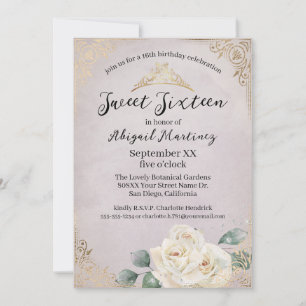 Convites Rosas Brancas e Ouro Vintage Roxo Sweet Sixteen