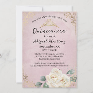 Convites Rosas brancas e Quinceanera rosa Dourada Vintage