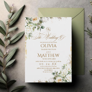 Convites Rosas Brancas Elegantes e Casamento Floral Dourado