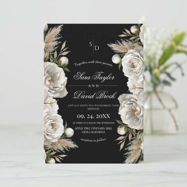 Convites Rosas Brancas Elegantes Flores Boho Casamento Aqua (Em pé/Frente)
