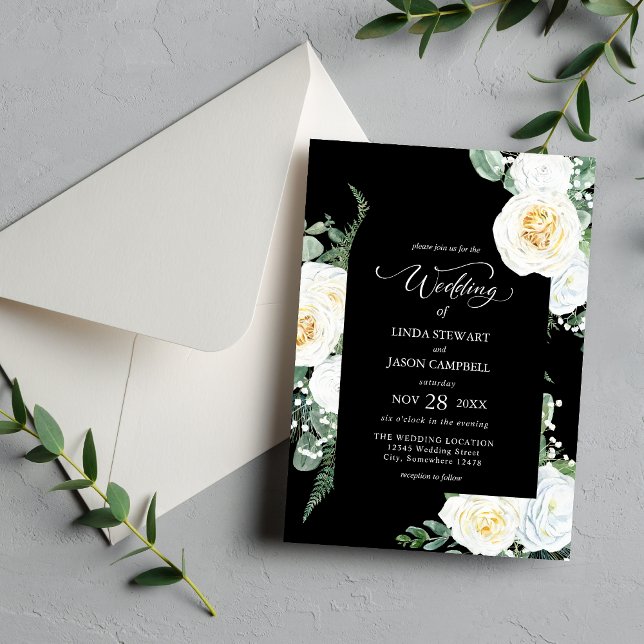Convites Rosas Brancas Elegantes Personalizadas Casamento (Personalized black elegant white roses invitation adds timeless romance and sets your wedding tone.)