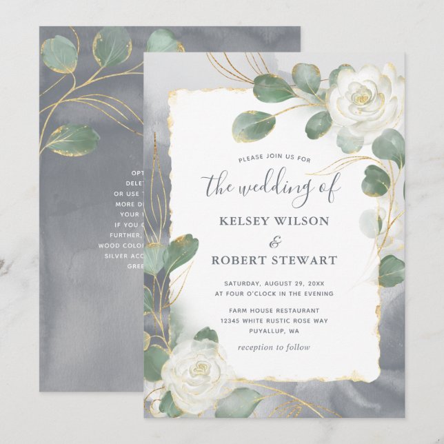 Convites Rosas Brancas em Aquarela Folhagem Cinza Dourado C (Frente/Verso)