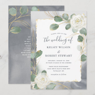Convites Rosas Brancas em Aquarela Folhagem Cinza Dourado C