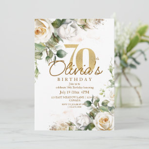 Convites Rosas Brancas Florais Elegantes e Parabéns 70 Dour