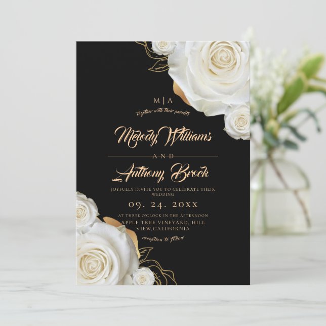 Convites Rosas Brancas Flores Casamento Preto (Em pé/Frente)
