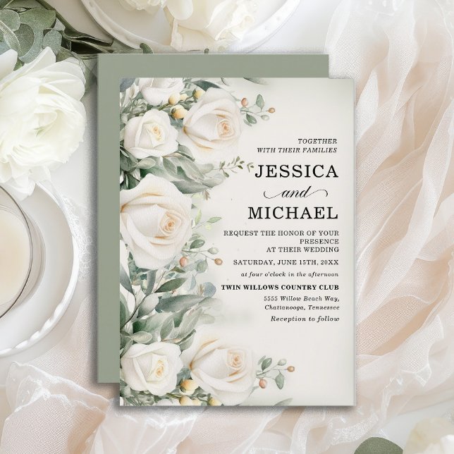 Convites Rosas Brancas Folhagens Casamento Elegante (Elegant white roses wedding invitation)