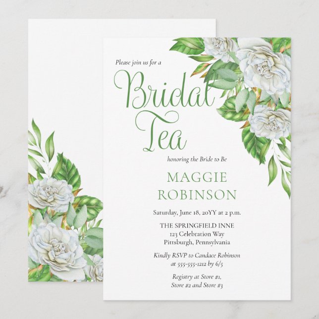 Convites Rosas brancas | Greenery Boho Floral Bridal Tea (Frente/Verso)