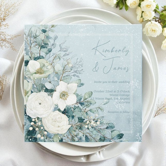 Convites Rosas Brancas Hellebores Eucalipto Prateado Casame (White Roses Hellebores Silver Eucalyptus Wedding Invitation)