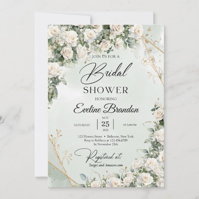 Convites Rosas brancas inglesas eucalipto verde e ouro (Frente)