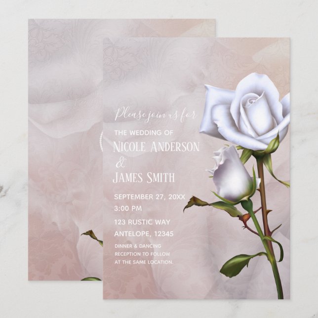 Convites Rosas Brancas Macias Românticas Elegantes Florais  (Frente/Verso)
