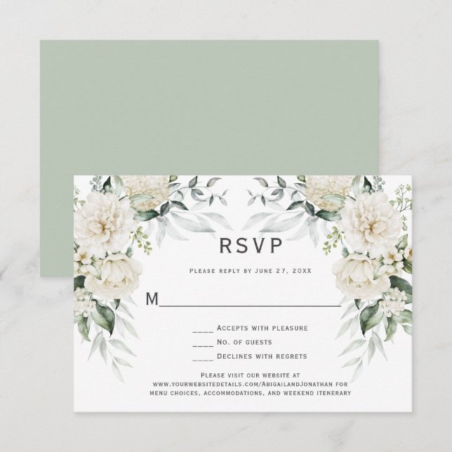 Convites Rosas brancas, Peonies Eucalyptus RSVP (Frente/Verso)