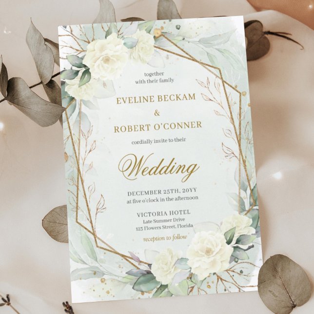Convites Rosas brancas românticas Eucalyptus Greenerescênci (Whimsical boho white roses and eucalyptus greenery wedding invitation digital)
