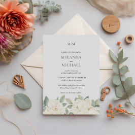 Convites Rosas Brancas Românticas Monograma ELEGANTE CASAME