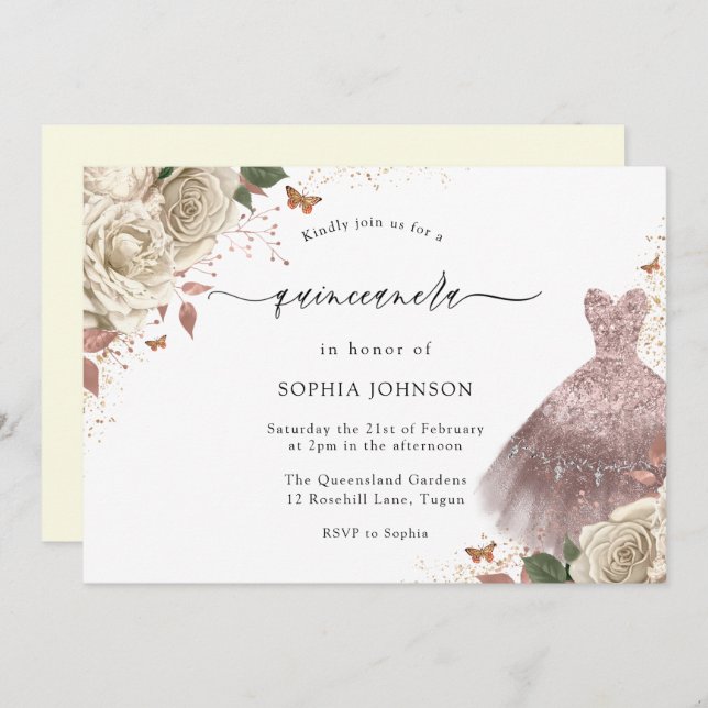 Convites Rosas brancas Rosa Dourado Coletor Quinceanera (Frente/Verso)
