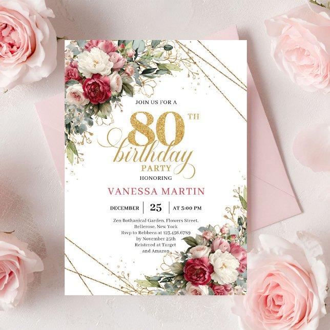 Convites Rosas brancas rosadas com acabamento em dourado el (Blush white roses elegant gold trim 80th birthday invitation

)