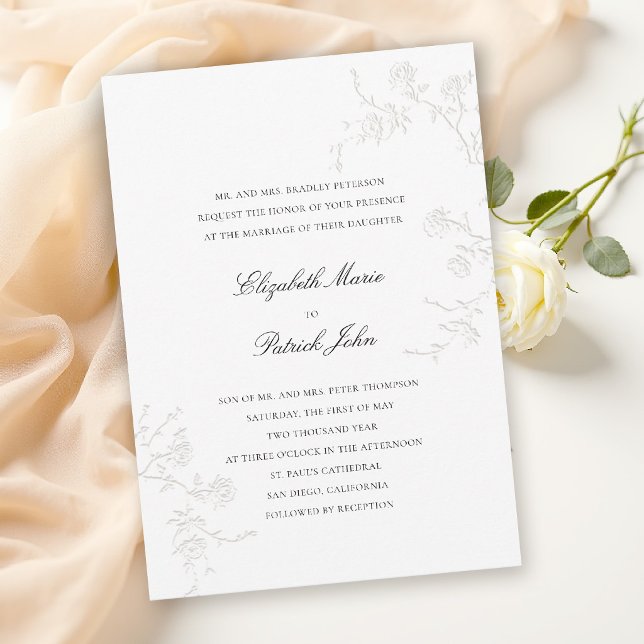 Convites Rosas Brancas Selvagens Delicadas Clássicas Modern (modern classic wedding invitation card delicate wild roses wildflowers formal black tie ballroom wh)