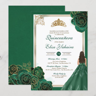 Convites Rosas Brancas Verde Esmeralda em Ouro Quinze Anos 