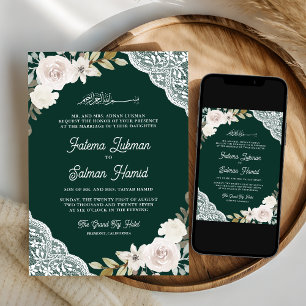 Convites Rosas Brancas Verde Esmeralda Renda Casamento Muçu