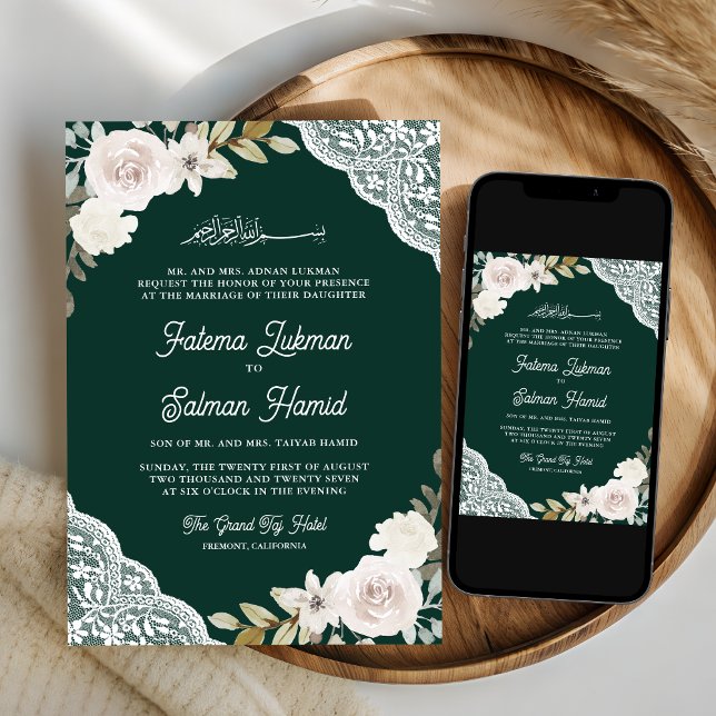 Convites Rosas Brancas Verde Esmeralda Renda Casamento Muçu (Criador carregado)
