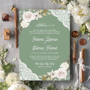 Convites Rosas Brancas Verde Salvia Renda Casamento Islâmic