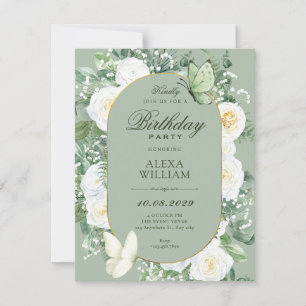 Convites Rosas brancas verdes florais de aniversário