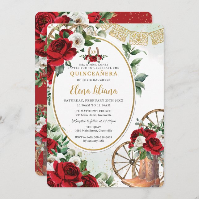 Convites Rosas brancas vermelhas Charro Boots Doce 16 Quinc (Frente/Verso)