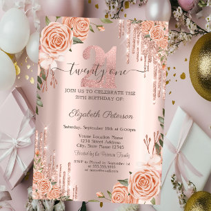 Convites Rosas Brilho Gotas Rosa Dourado Aniversário de 21